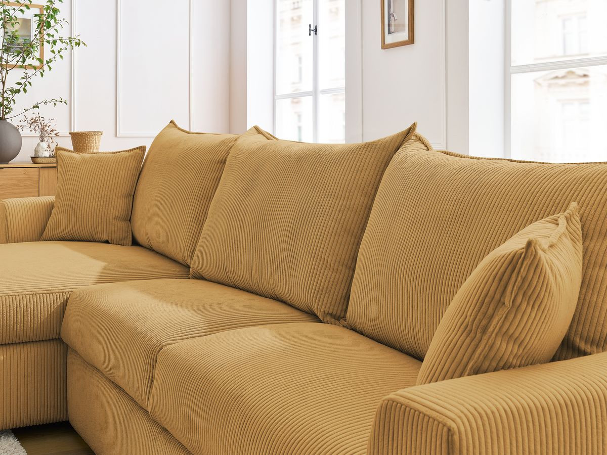 Bobochic Augustin Ecksofa mit Schlaffunktion und Bettkasten Cordsamt Gelb, Liegefläche 140 × 200 cm
