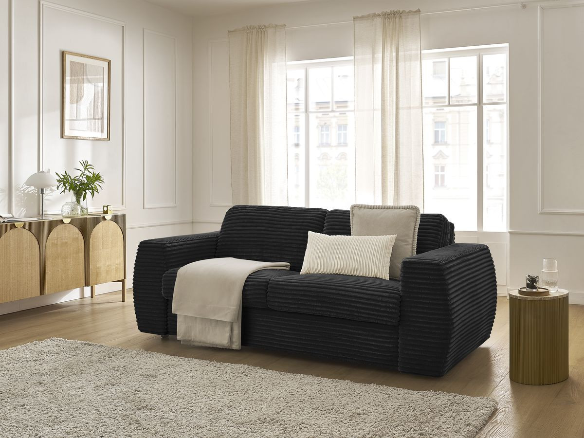 Bobochic Hugo Schlafsofa 3-Sitzer Cordsamt Schwarz, Liegefläche 140 × 190 cm