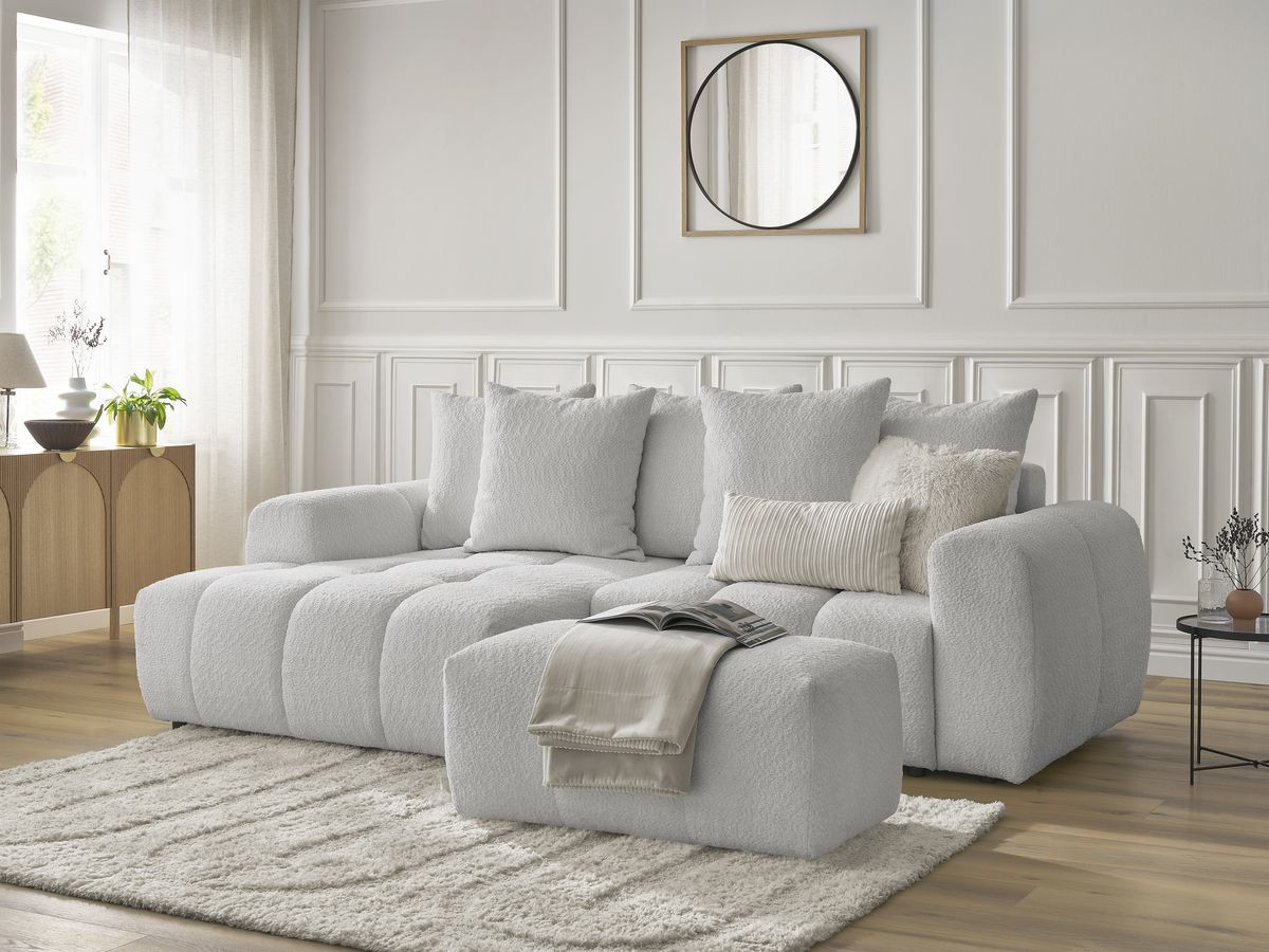 Bobochic Roxelane Ecksofa mit Schlaffunktion und Bettkasten und Pouf 258 × 150 cm Bouclé-Stoff Hellgrau Ecke links