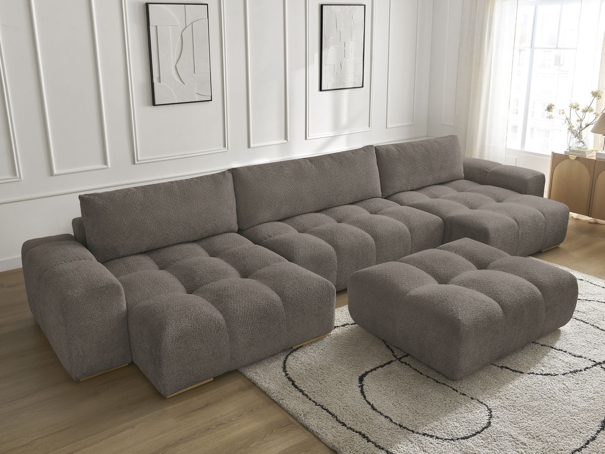 Bobochic Anakin Wohnlandschaft mit Pouf, 3 Kissen Bouclé-Stoff Braun