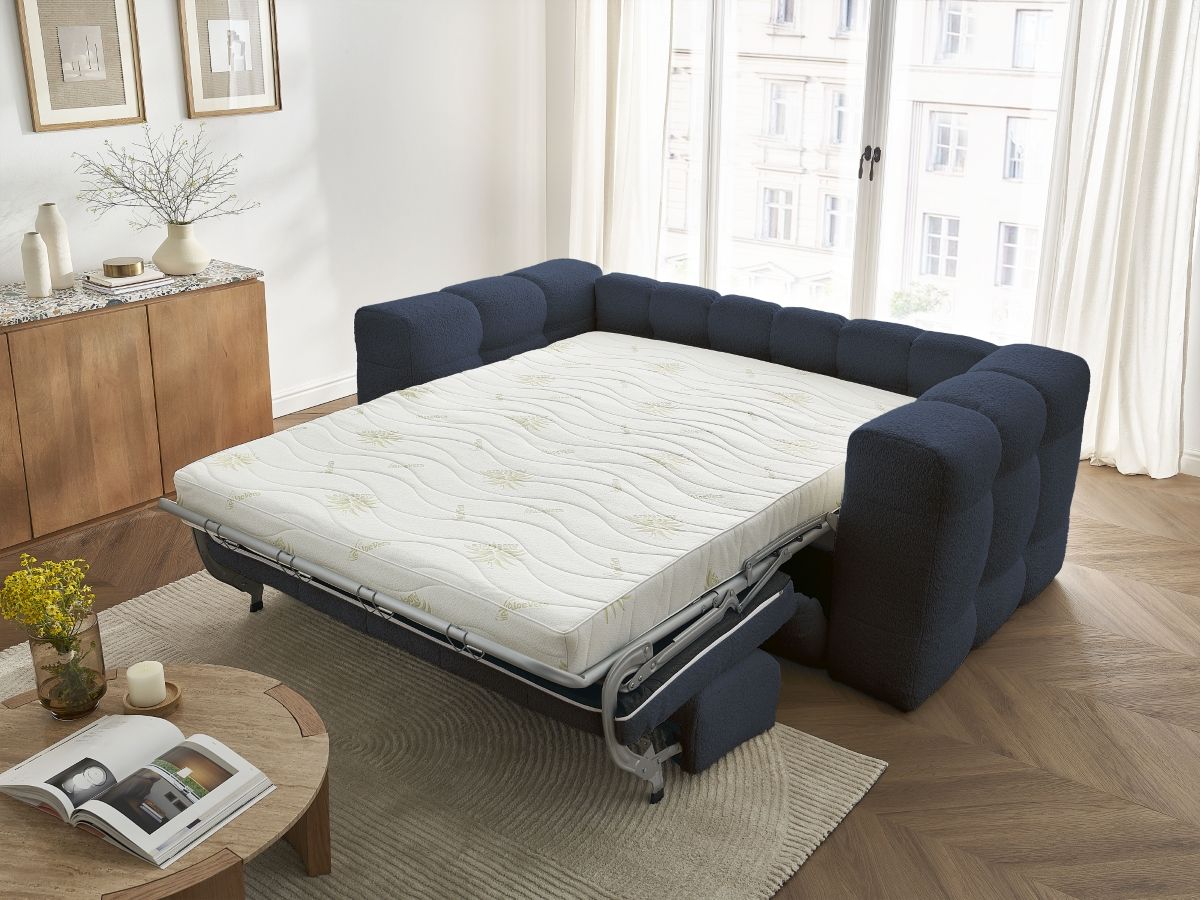 Bobochic Cloud Schlafsofa 3-Sitzer Bouclé-Stoff Dunkelblau