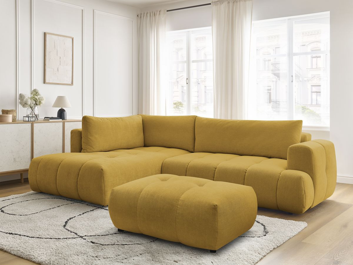 Bobochic Fuji Ecksofa mit Schlaffunktion und Bettkasten und Pouf 282 × 204 cm Stoff Gelb Ecke links