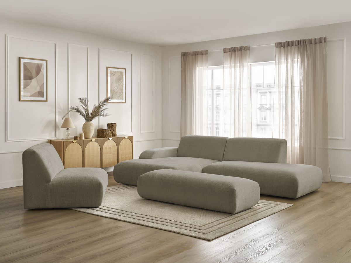 Bobochic Sirius Ecksofa mit Pouf 405 × 170 cm Strukturstoff Taupe Ecke links
