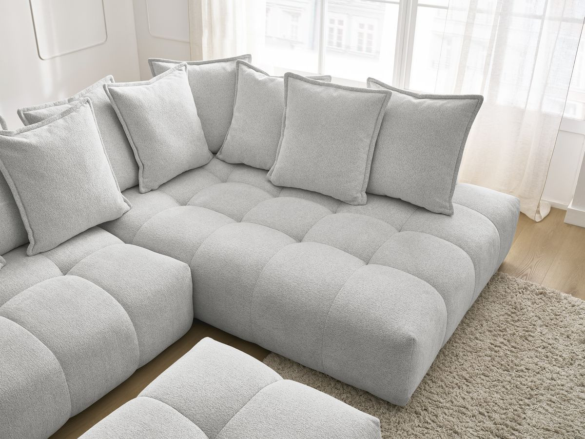 Bobochic Everest Ecksofa mit Schlaffunktion und Bettkasten und Pouf 320 × 212 cm, 10 Kissen Melange-Stoff Hellgrau Ecke rechts