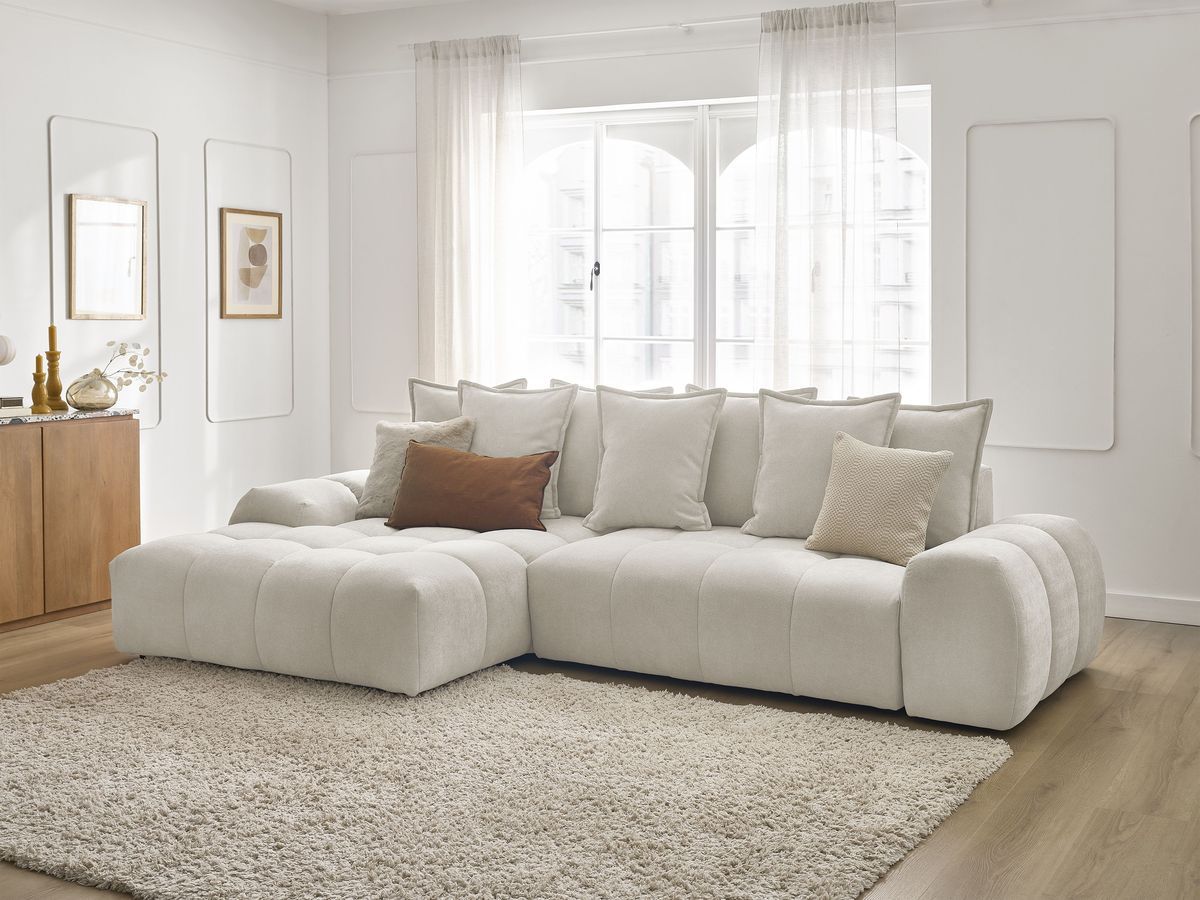 Bobochic Everest Ecksofa mit Schlaffunktion und Bettkasten 318 × 180 cm, 7 Kissen Strukturstoff Weiß Ecke links