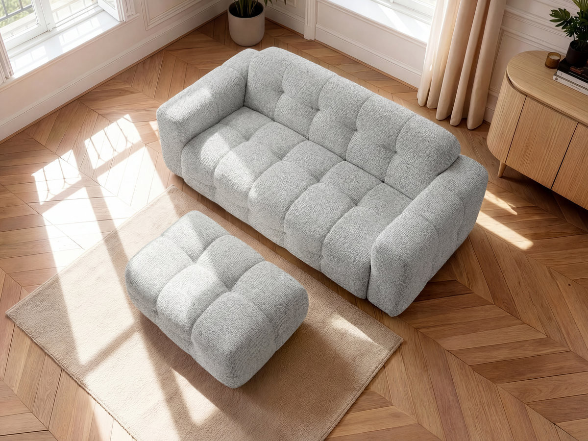 Bobochic Laura Sofa 3-Sitzer mit kleinem Pouf Melange-Stoff Hellgrau