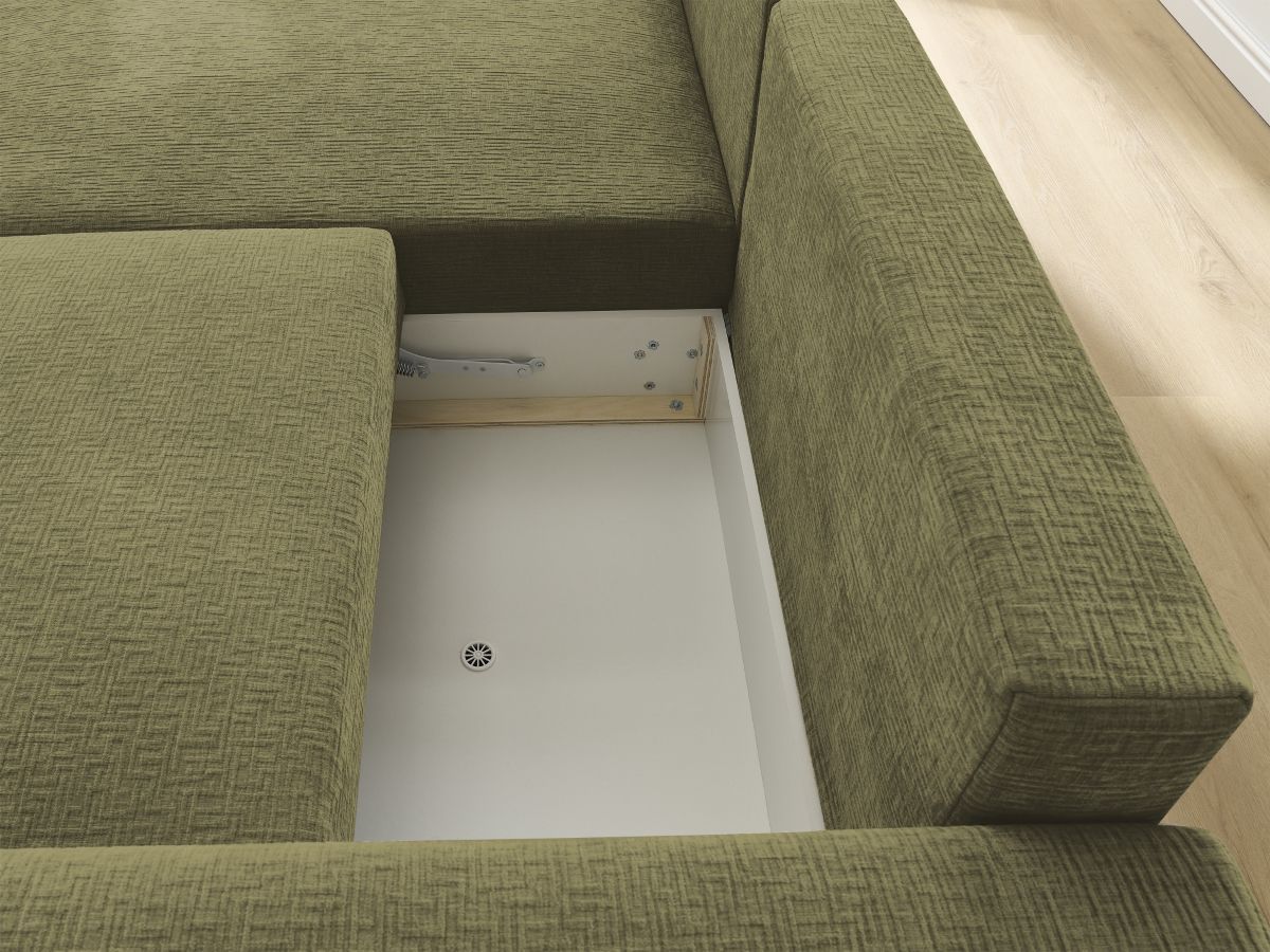 Bobochic Atilla Ecksofa mit Schlaffunktion und Bettkasten Strukturstoff Grün Ecke links