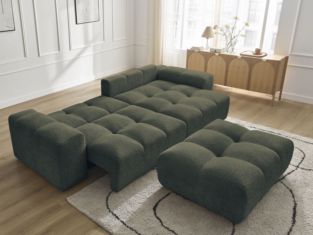 Bobochic Anakin Ecksofa mit Schlaffunktion und Bettkasten und Pouf, 6 Kissen Bouclé-Stoff Grün