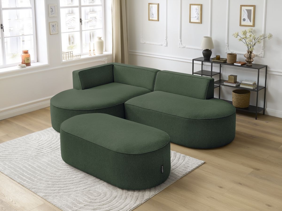 Bobochic Rousseau Ecksofa mit Pouf Melange-Stoff Grün Ecke links