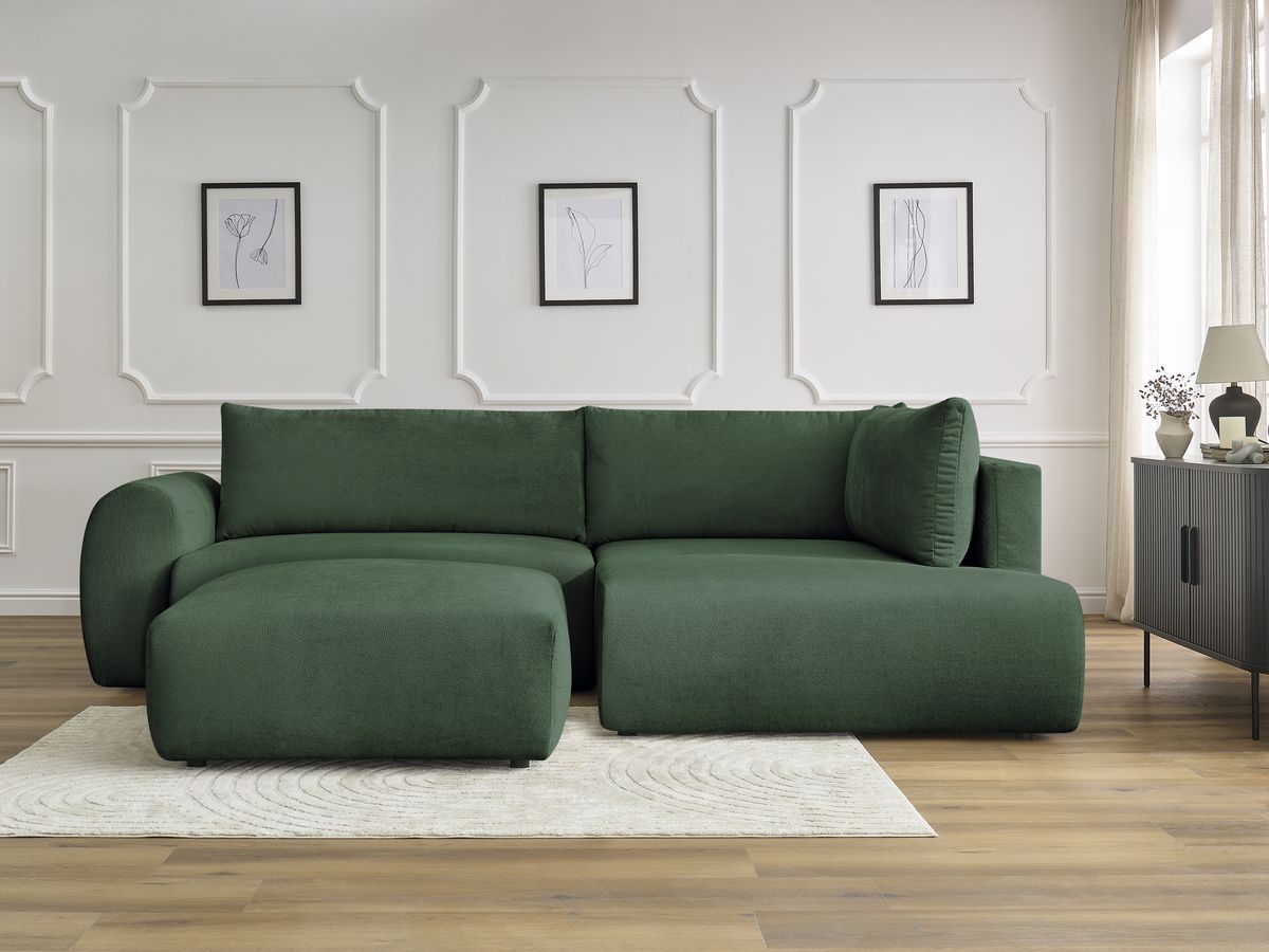 Bobochic Lucien Ecksofa mit Schlaffunktion und Bettkasten und Pouf 296 × 198 cm Stoff Grün Ecke rechts