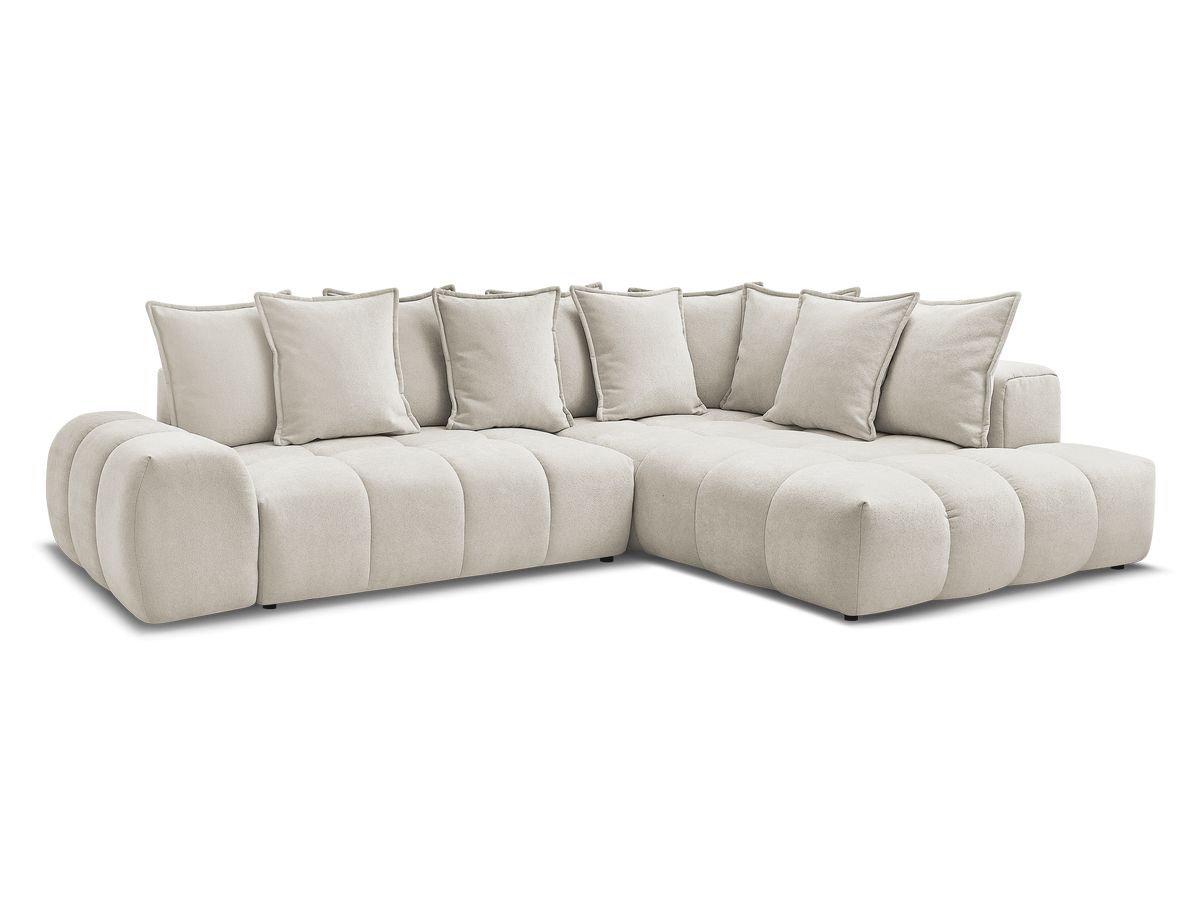 Bobochic Everest Ecksofa mit Schlaffunktion und Bettkasten 320 × 212 cm, 10 Kissen Strukturstoff Beige Ecke rechts