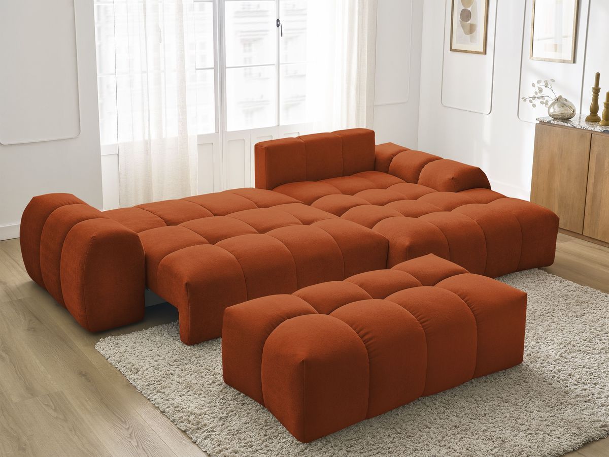 Bobochic Everest Ecksofa mit Schlaffunktion und Bettkasten und Pouf 318 × 180 cm, 7 Kissen Strukturstoff Orange Ecke rechts