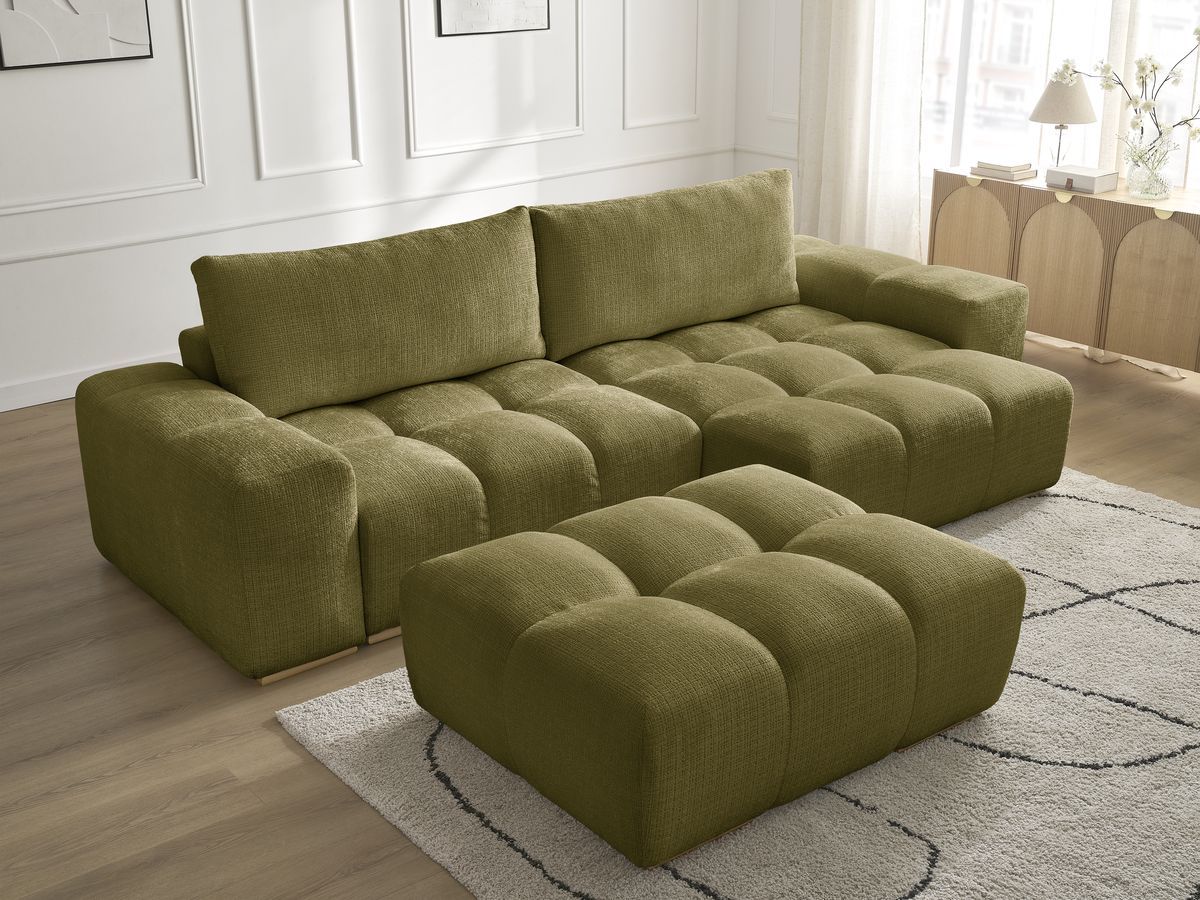 Bobochic Anakin Ecksofa mit Pouf, 2 Kissen Strukturstoff Grün