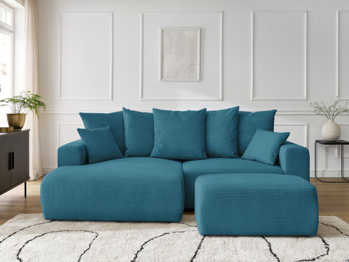 Bobochic Atilla Ecksofa mit Schlaffunktion und Bettkasten und Pouf Cordsamt Hellblau Ecke links