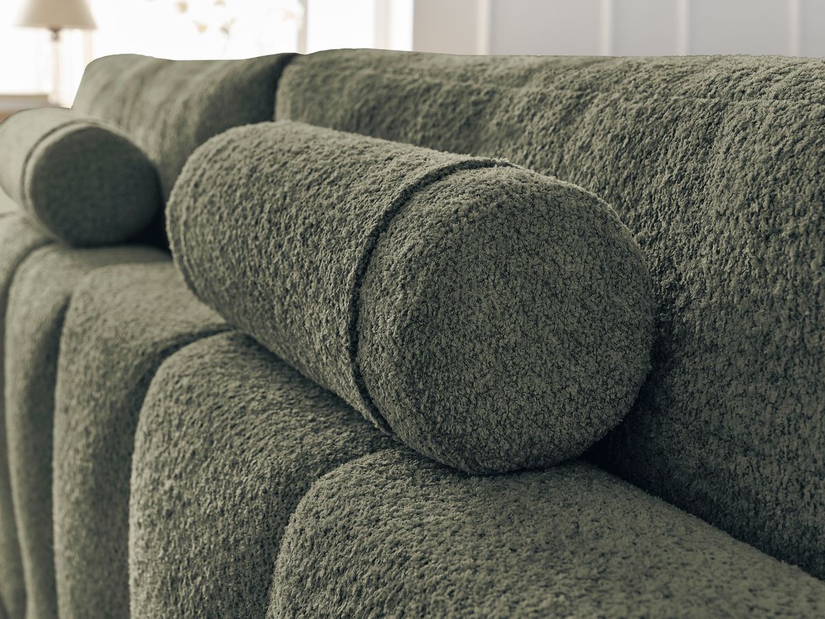 Bobochic Anakin Sofa 3-Sitzer mit Pouf, 2 Kissen Bouclé-Stoff Grün