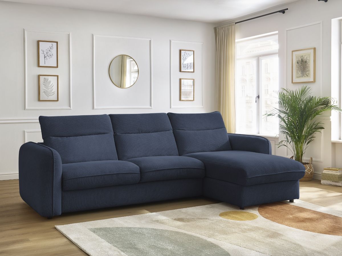 Bobochic Achille Ecksofa mit Schlaffunktion und Bettkasten Melange-Stoff Dunkelblau, Liegefläche 160 × 200 cm