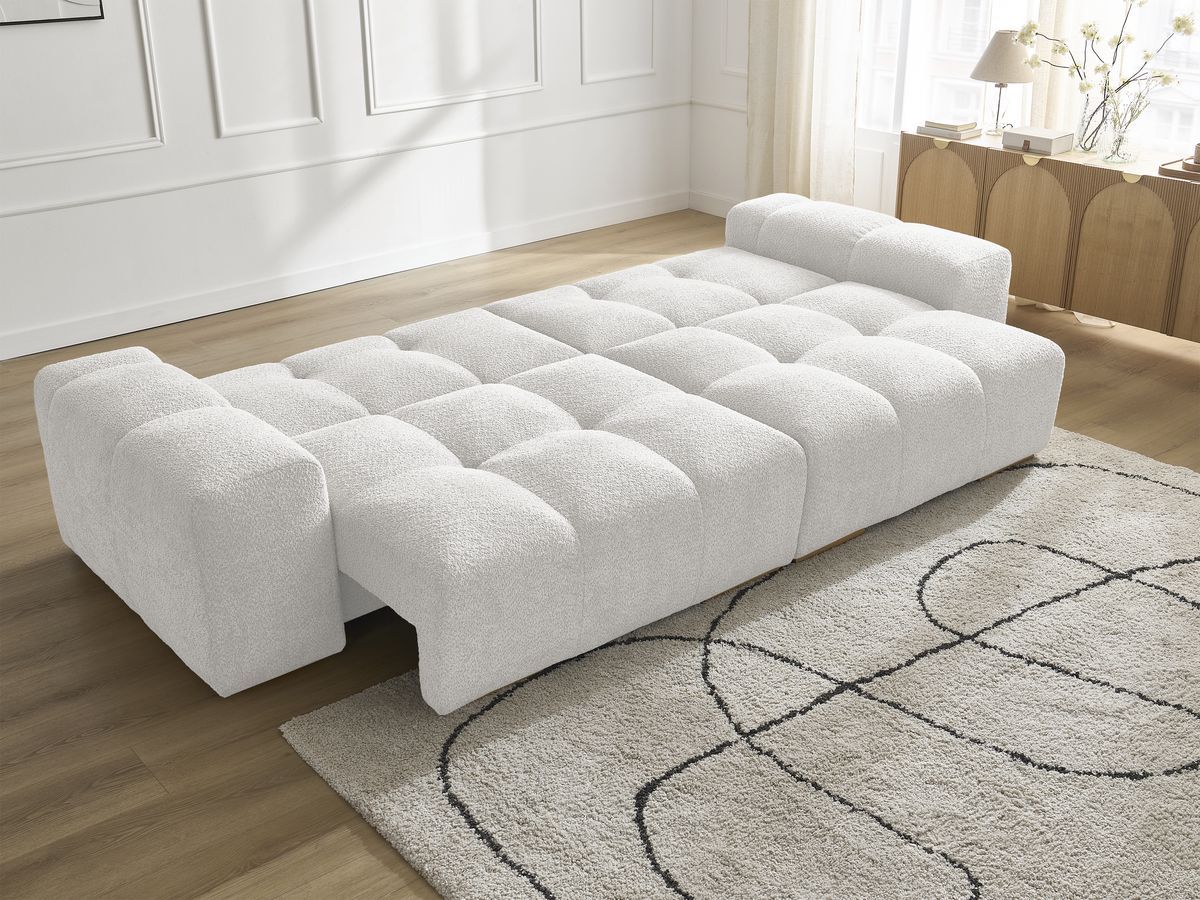 Bobochic Anakin Schlafsofa 3-Sitzer mit Bettkasten, 2 Kissen Bouclé-Stoff Weiß