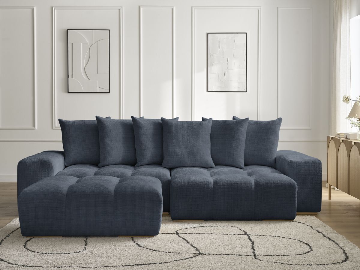 Bobochic Anakin Ecksofa mit Pouf, 6 Kissen Strukturstoff Dunkelblau