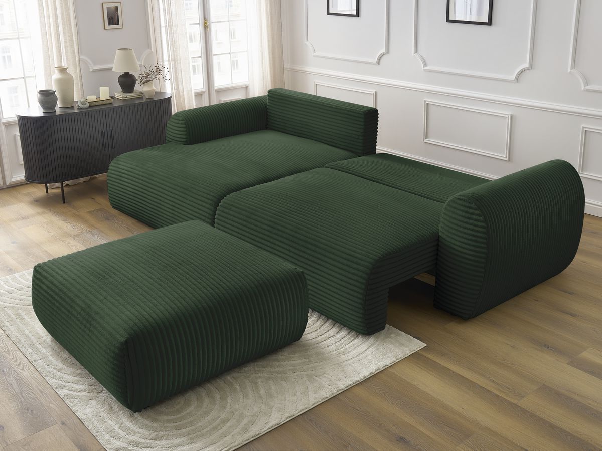 Bobochic Lucien Ecksofa mit Schlaffunktion und Bettkasten und Pouf 314 × 167 cm Breitcord weich Grün Ecke links