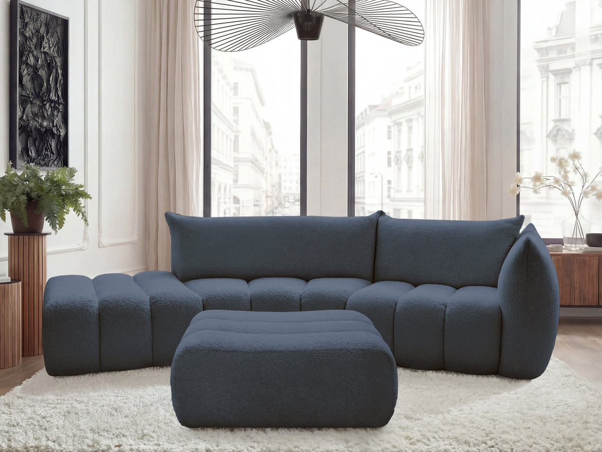 Bobochic Azra Ecksofa mit Pouf 325 × 112 cm Bouclé-Stoff Dunkelblau Ecke rechts
