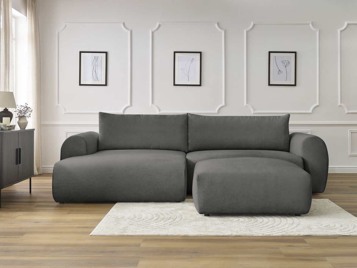 Bobochic Lucien Ecksofa mit Schlaffunktion und Bettkasten und Pouf 314 × 167 cm Stoff Dunkelgrau Ecke links