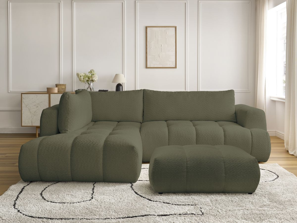 Bobochic Fuji Ecksofa mit Schlaffunktion und Bettkasten und Pouf 282 × 204 cm Bouclé-Stoff Grün Ecke links