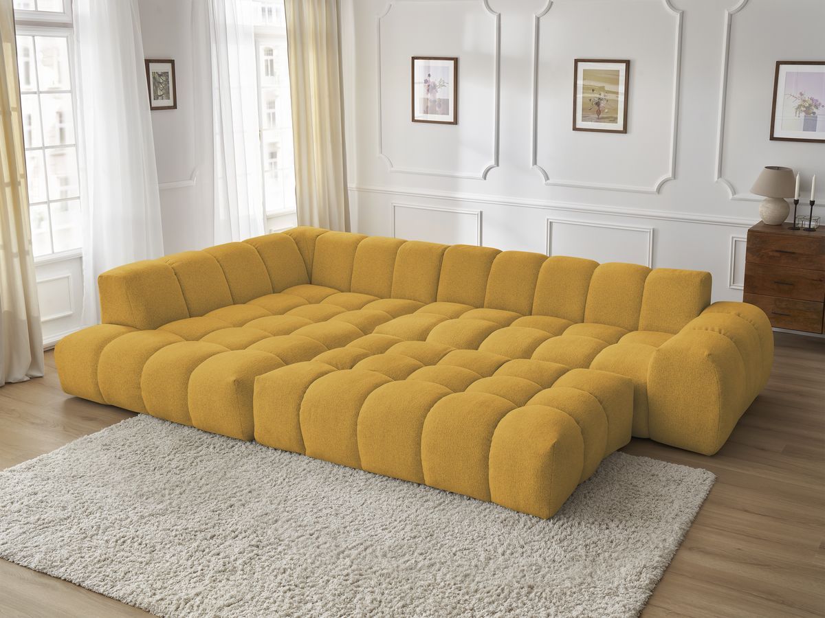 Bobochic Everest Ecksofa mit Schlaffunktion und Pouf, 4 Kissen Melange-Stoff Gelb Ecke links