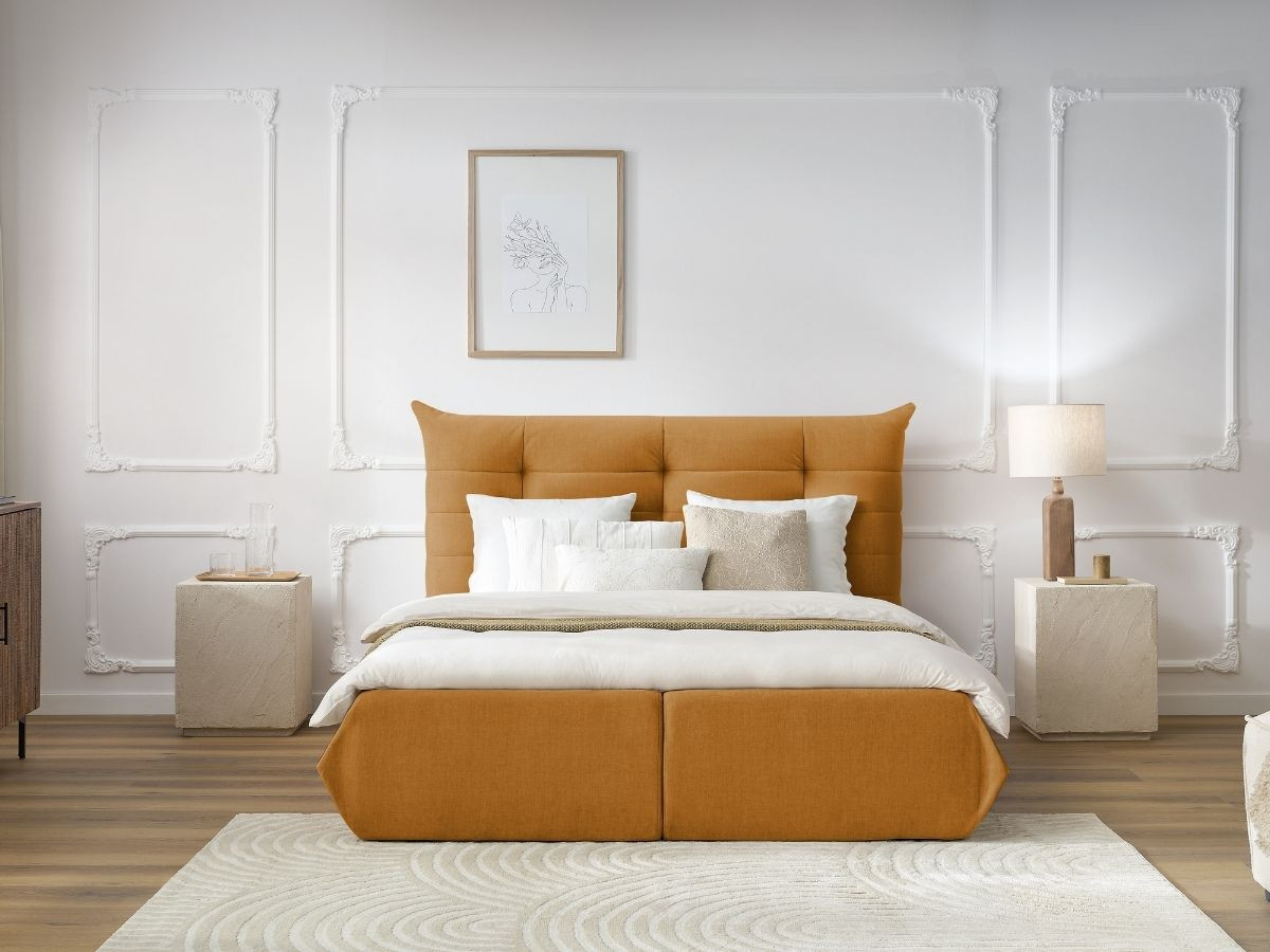 Bobochic Clothilde Polsterbett mit Bettkasten Samt Orange, Liegefläche 140 × 190 cm
