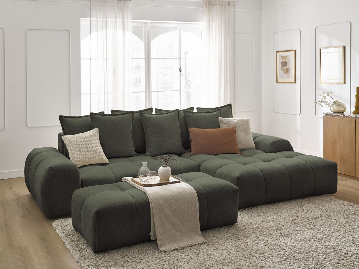 Bobochic Everest Ecksofa mit Schlaffunktion und Bettkasten und Pouf 318 × 180 cm, 7 Kissen Melange-Stoff Grün Ecke rechts