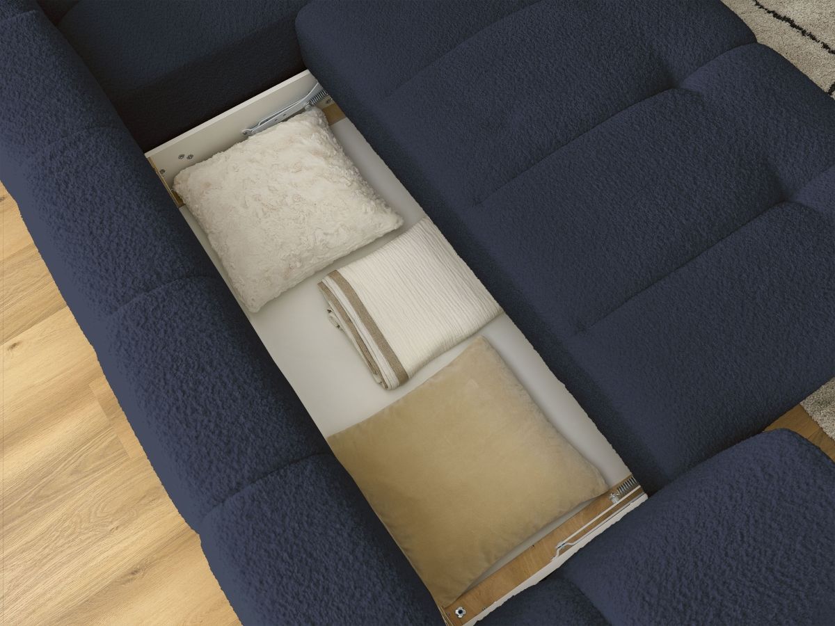 Bobochic Fuji Ecksofa mit Schlaffunktion und Bettkasten und Pouf 282 × 204 cm Bouclé-Stoff Dunkelblau Ecke rechts