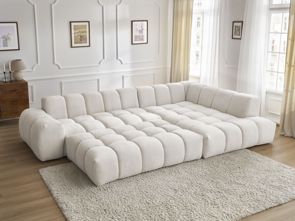 Bobochic Everest Ecksofa mit Schlaffunktion und Pouf, 10 Kissen Strukturstoff Weiß Ecke rechts