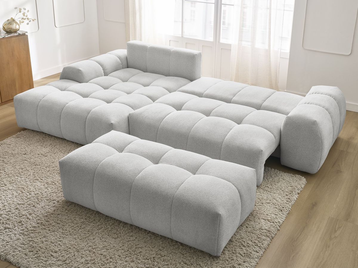 Bobochic Everest Ecksofa mit Schlaffunktion und Bettkasten und Pouf 318 × 180 cm, 3 Kissen Melange-Stoff Hellgrau Ecke links