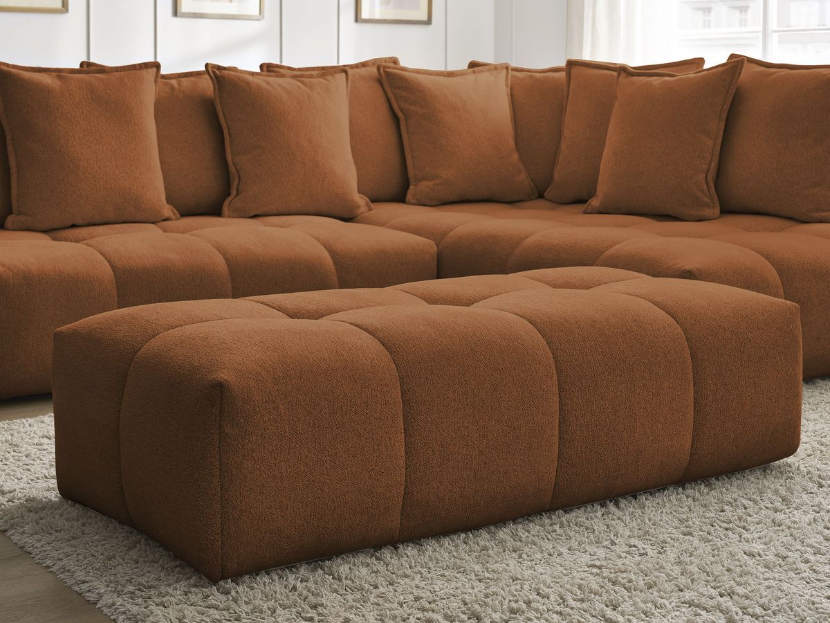 Bobochic Everest Ecksofa mit Schlaffunktion und Bettkasten und Pouf 320 × 212 cm, 10 Kissen Melange-Stoff Orange Ecke rechts