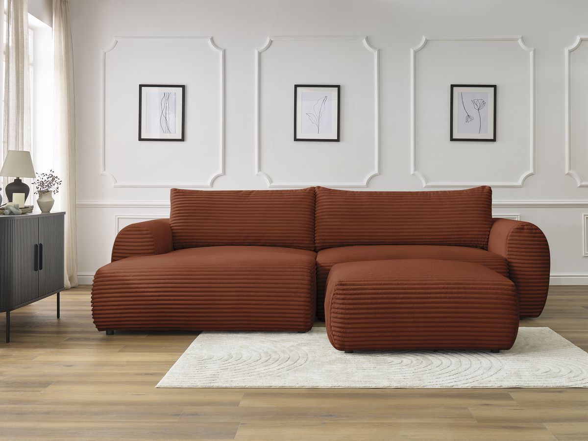 Bobochic Lucien Ecksofa mit Schlaffunktion und Bettkasten und Pouf 314 × 167 cm Breitcord weich Orange Ecke links