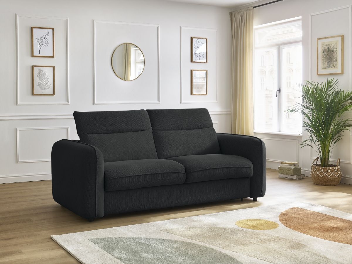 Bobochic Achille Schlafsofa 3-Sitzer Melange-Stoff Schwarz, Liegefläche 140 × 200 cm