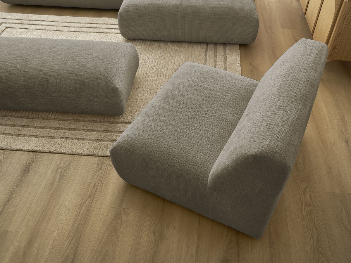Bobochic Sirius Ecksofa mit Pouf 405 × 170 cm Strukturstoff Taupe Ecke rechts