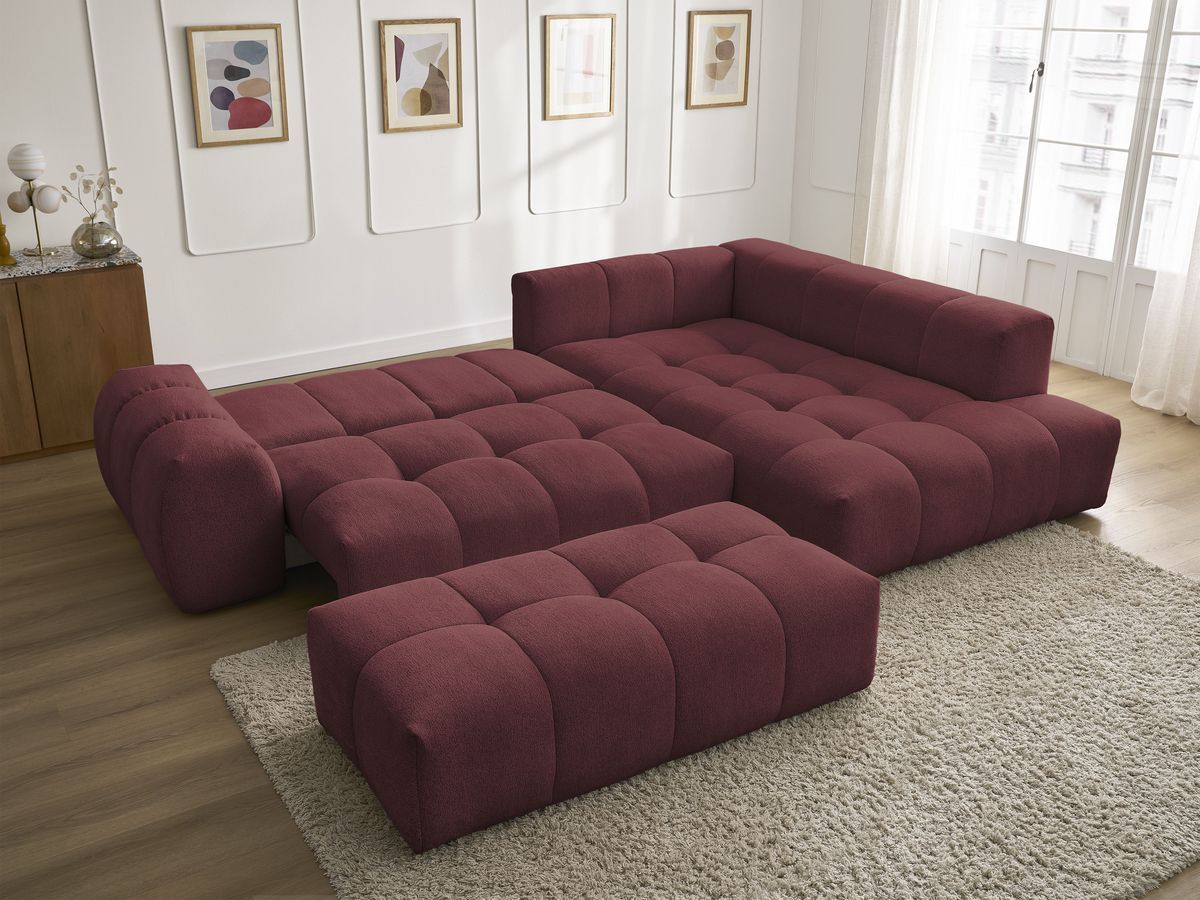 Bobochic Everest Ecksofa mit Schlaffunktion und Bettkasten und Pouf 320 × 212 cm, 5 Kissen Melange-Stoff Rot Ecke rechts