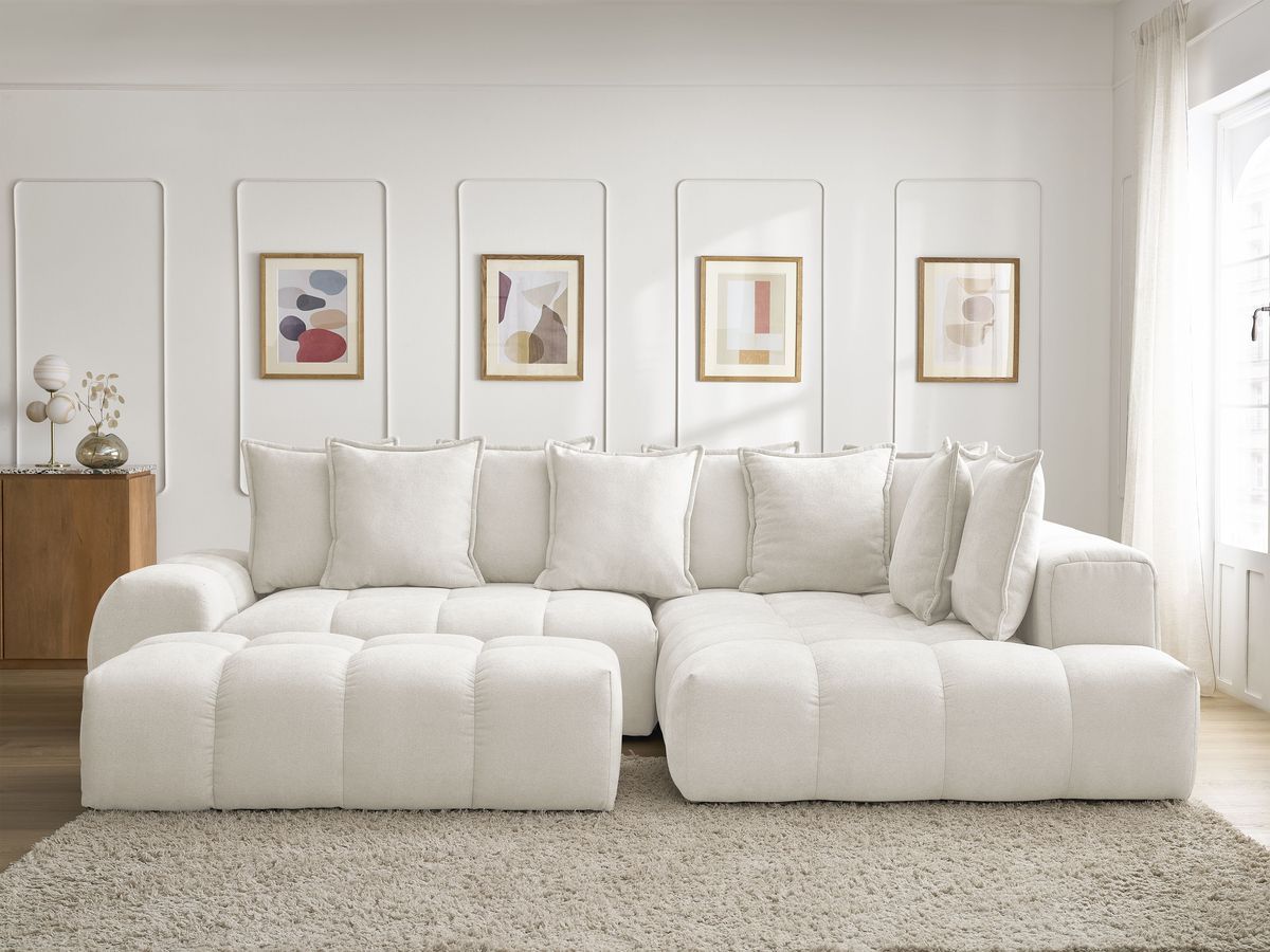 Bobochic Everest Ecksofa mit Schlaffunktion und Bettkasten und Pouf 320 × 212 cm, 10 Kissen Strukturstoff Weiß Ecke rechts