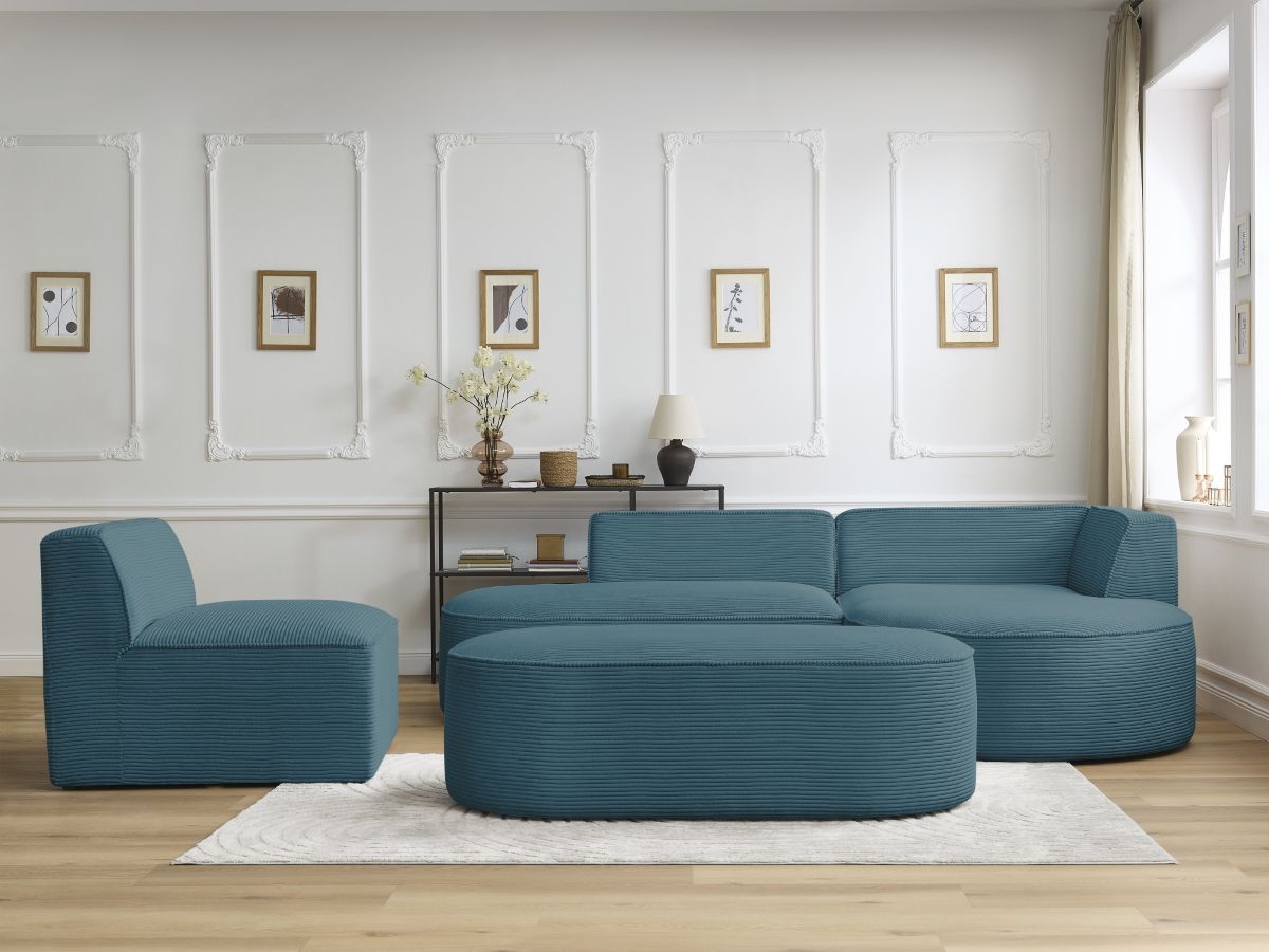 Bobochic Rousseau Ecksofa mit Sofamodul und Pouf Cordsamt Dunkelblau Ecke rechts