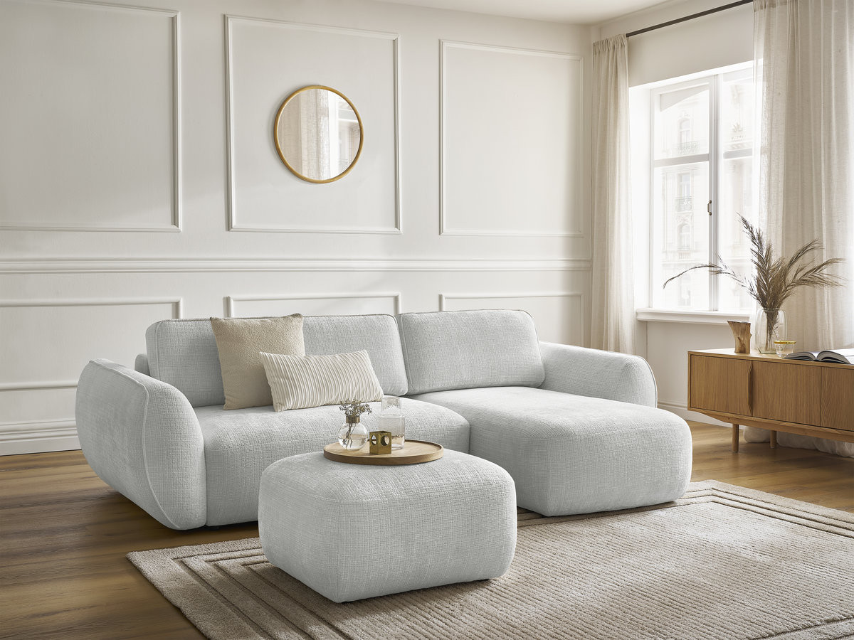 Bobochic Denise Ecksofa mit Schlaffunktion und Bettkasten und Pouf 258 × 160 cm Strukturstoff Hellgrau Ecke rechts