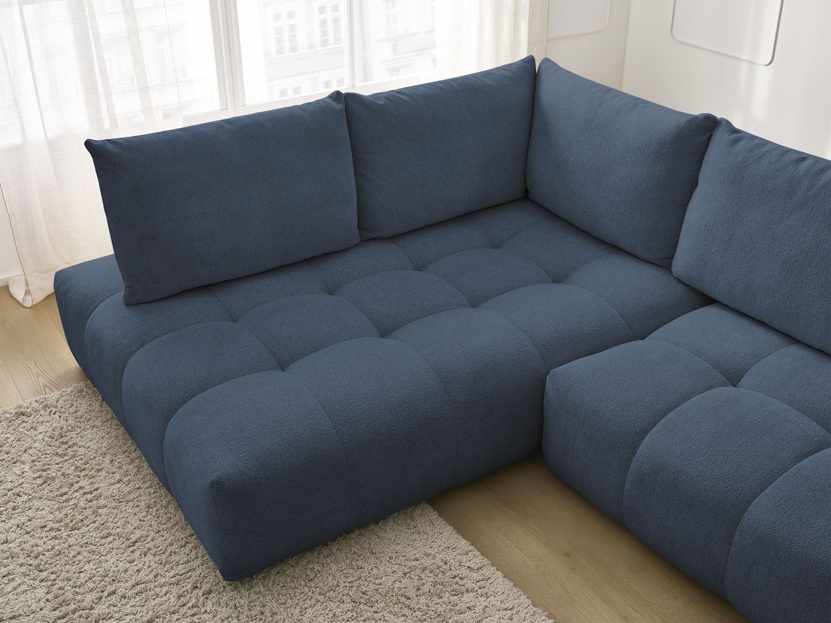 Bobochic Everest Ecksofa mit Schlaffunktion und Bettkasten 320 × 212 cm, 5 Kissen Melange-Stoff Dunkelblau Ecke links