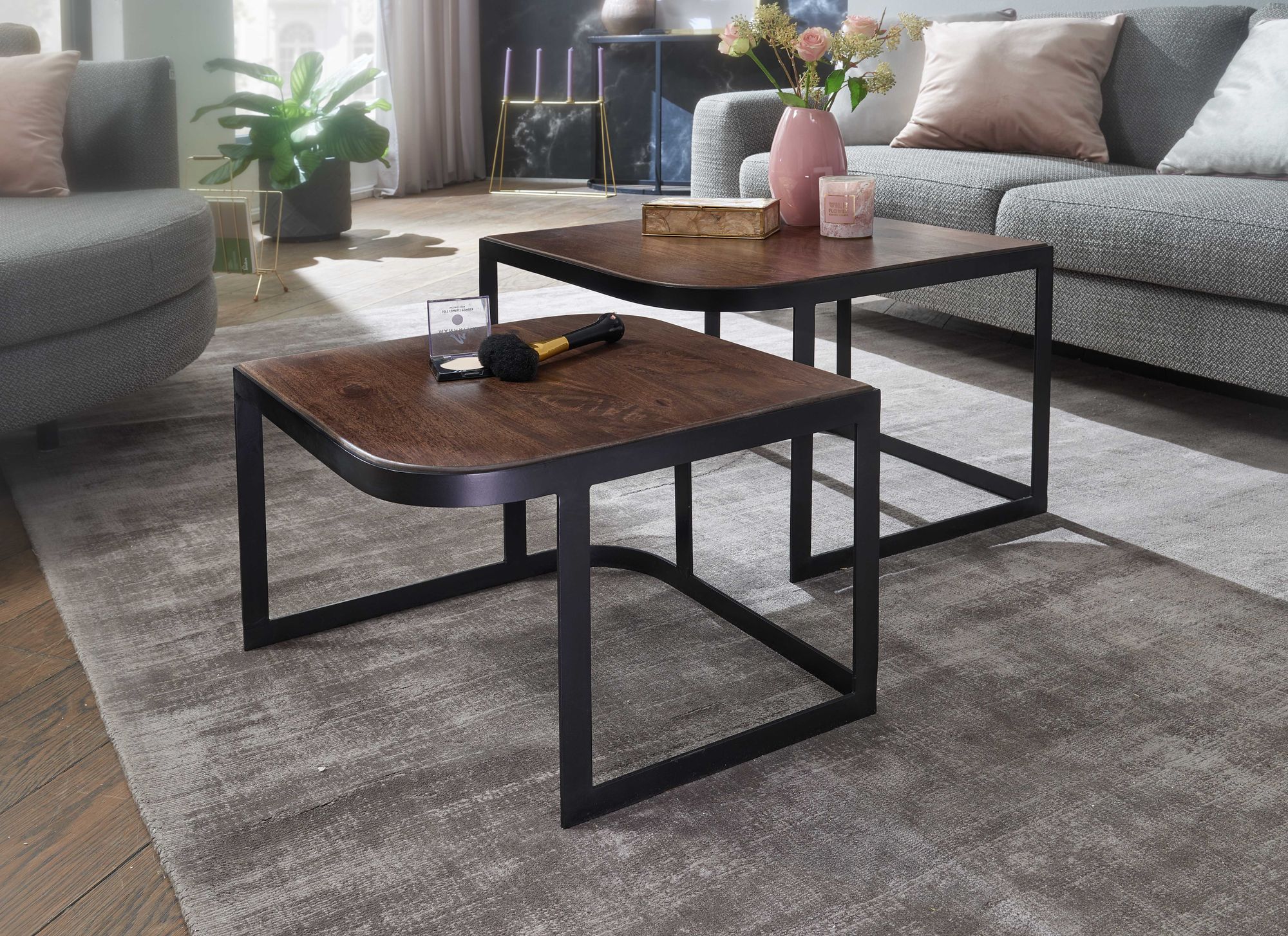 Satztisch 2er-Set Streymoy Mango Massivholz Schwarz 60 × 60 × 40 cm