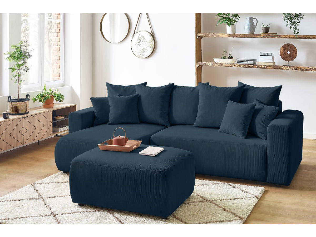 Bobochic Envy Ecksofa mit Schlaffunktion und Bettkasten und Pouf Cordsamt Dunkelblau