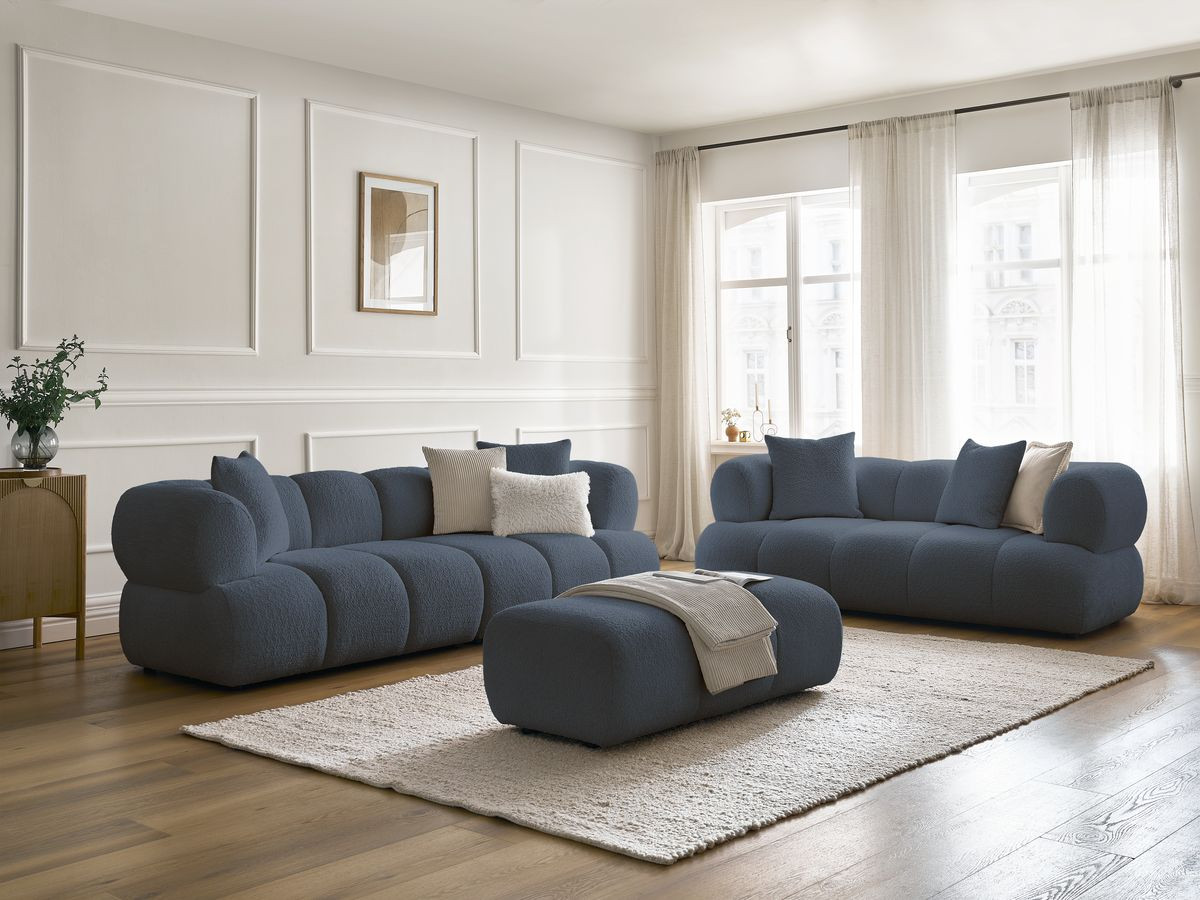 Bobochic Pamira Sofa 5-Sitzer mit Pouf Bouclé-Stoff Dunkelblau