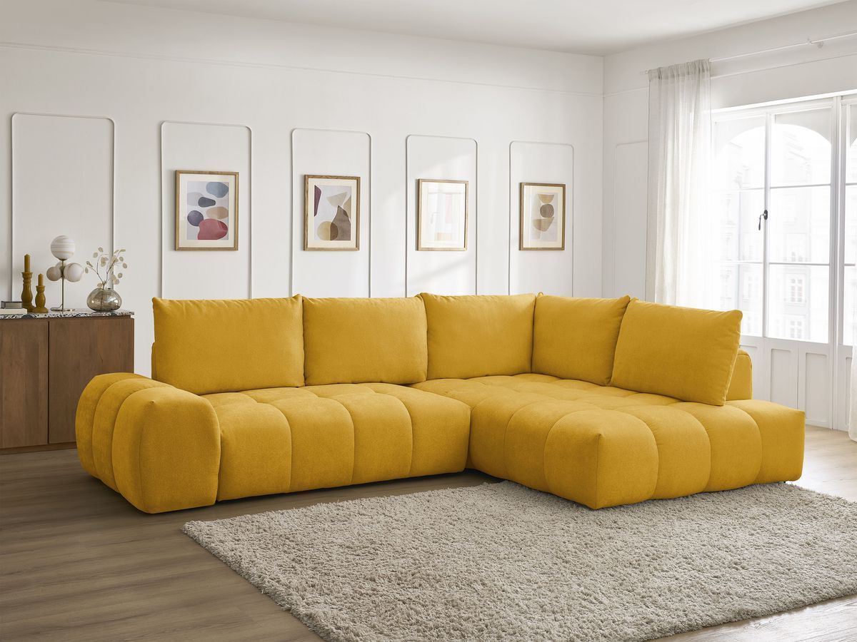 Bobochic Everest Ecksofa mit Schlaffunktion und Bettkasten 320 × 212 cm, 5 Kissen Strukturstoff Gelb Ecke rechts
