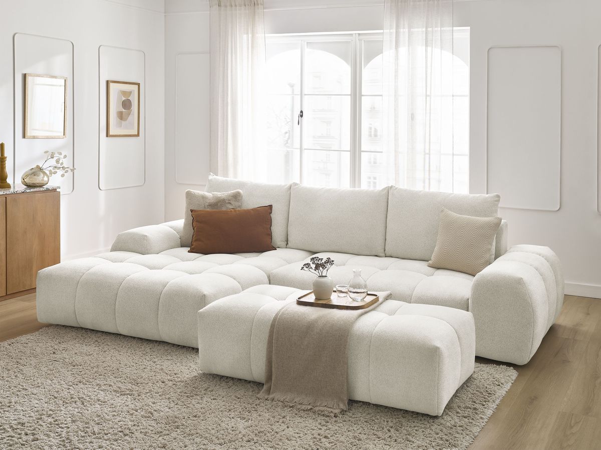 Bobochic Everest Ecksofa mit Schlaffunktion und Bettkasten und Pouf 318 × 180 cm, 3 Kissen Melange-Stoff Weiß Ecke links
