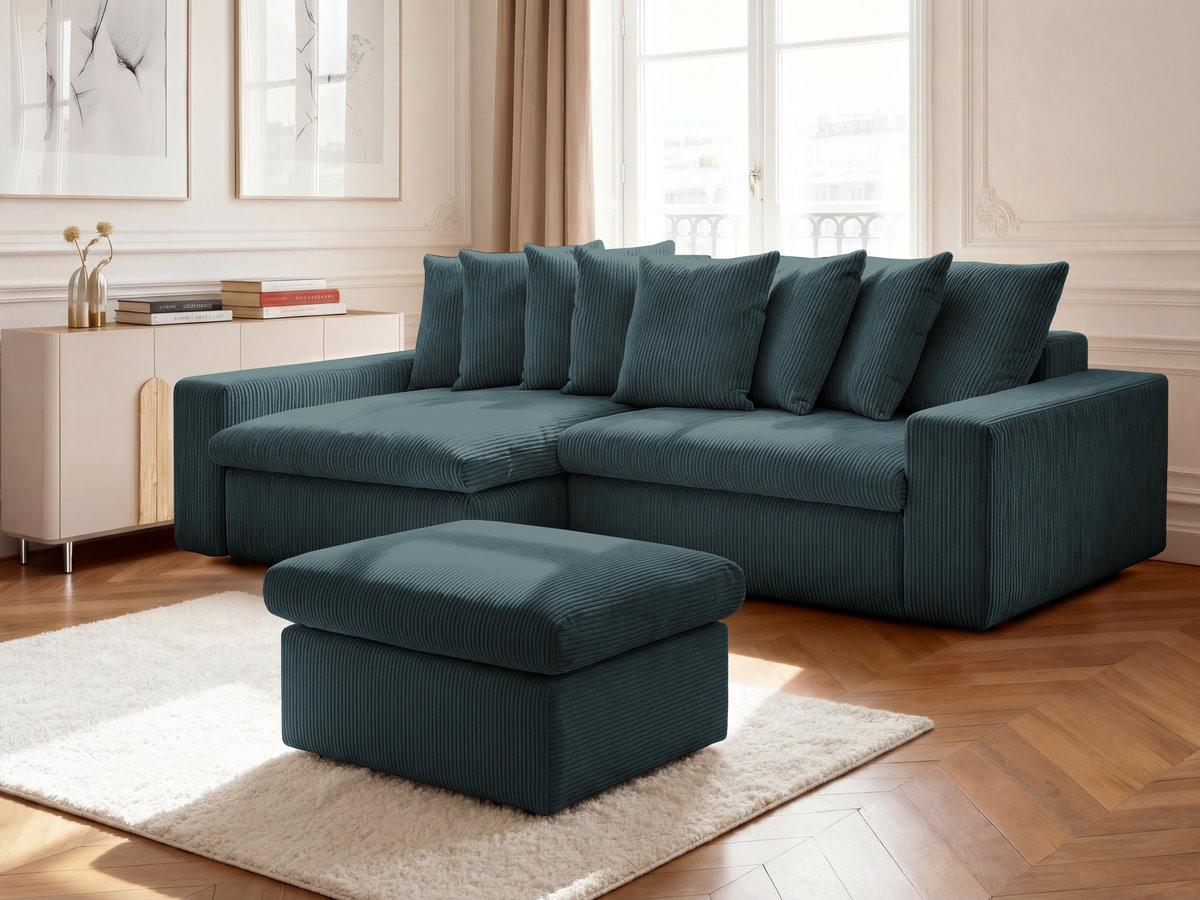 Bobochic Enore Ecksofa mit Pouf Cordsamt Dunkelblau Ecke links