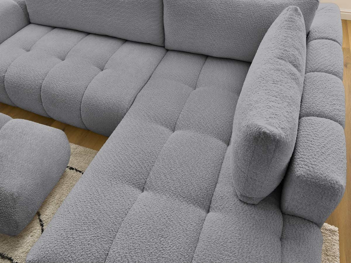 Bobochic Fuji Ecksofa mit Schlaffunktion und Bettkasten und Pouf 282 × 204 cm Bouclé-Stoff Dunkelgrau Ecke rechts