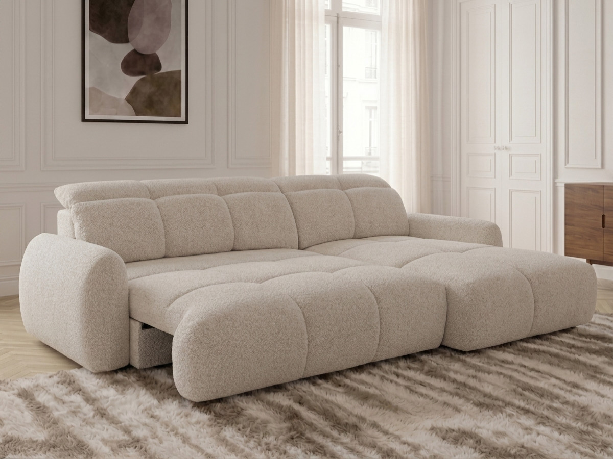 Bobochic Ruby Ecksofa mit Schlaffunktion und Bettkasten Chenille Beige Ecke rechts