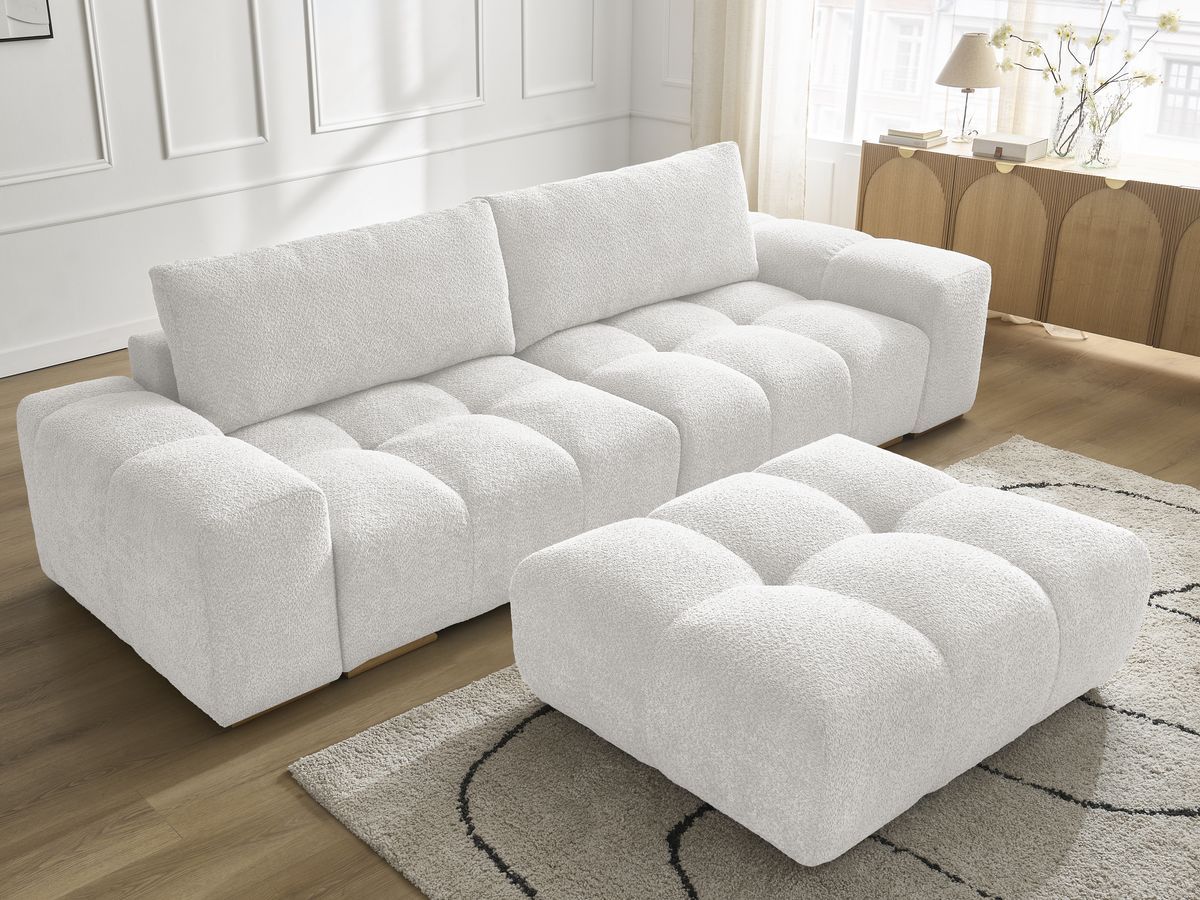 Bobochic Anakin Sofa 3-Sitzer mit Pouf, 2 Kissen Bouclé-Stoff Weiß